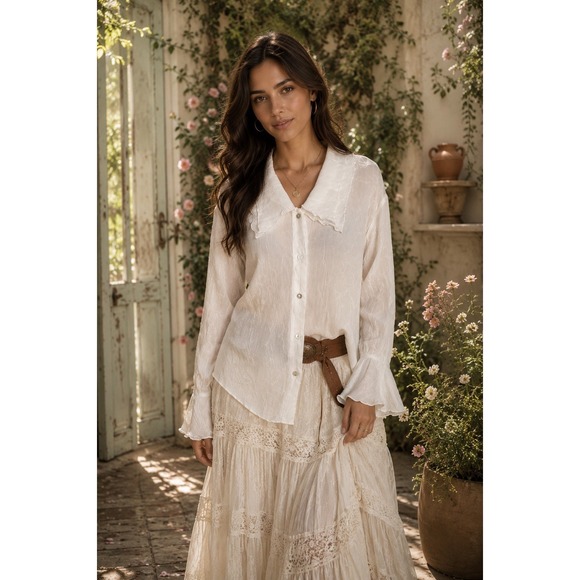 True Beauty by Emme Tops - True Beauty Romantic White Crinkle Blouse Sheer Romantic Prairie Boho  20